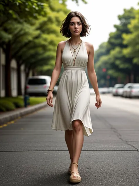 araffe woman walking down the street in a white dress