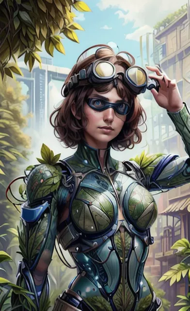 a woman in a futuristic suit and goggles stands in front of a building