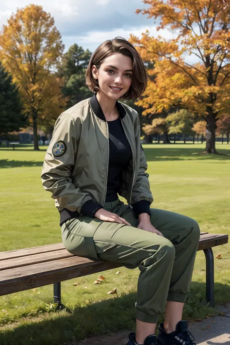 Lauren_LaForge, short brown hair, small breasts, toned, wearing a bomber jacket, shirt, cargo pants, looking at viewer, smiling, sitting, on bench, legs crossed, outside, park, field, trees, autumn, overcast, high quality, masterpiece