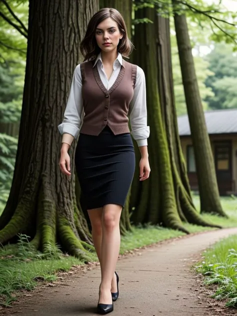 <lora:LCM_LoRA_Weights_SD15:1> 
Lauren_LaForge,
sweater vest, pencil skirt, and mary jane pumps,
A place with a very vast nature with big trees and lots of vegetation,