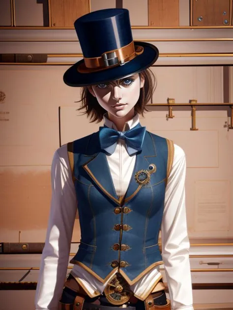 a close up of a person wearing a top hat and a vest