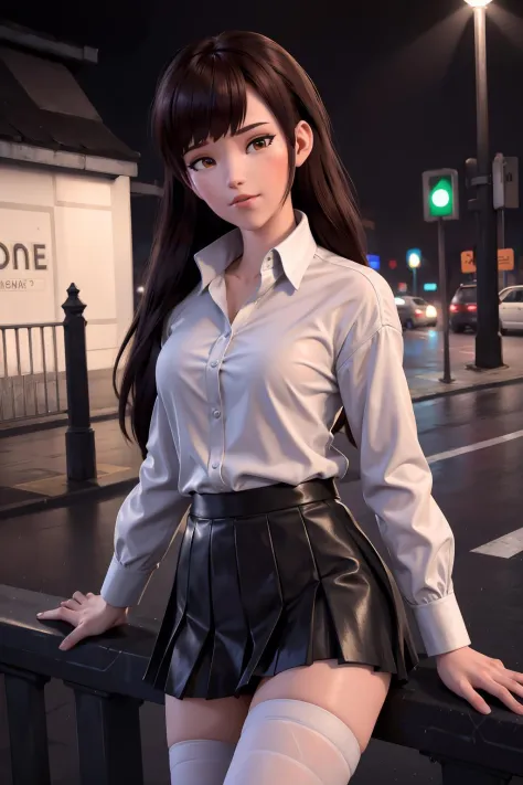 NSFW, 8k,highres, 1girl, street, crowd, night, street light, wet, rain,  white shirt,  pleated skirt , small black leather jecket, front view, looking at the viewer, leaning on fence, white, stocking, 
<lora:dva4-real:0.9>