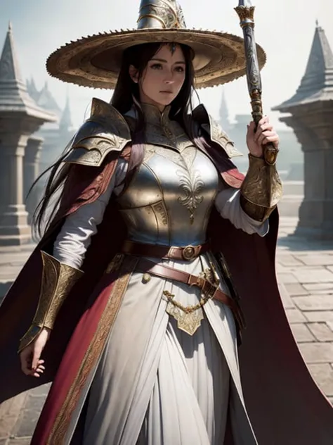 delicate\(armor\), (8k, best quality, masterpiece:1.2), (realistic, photo-realistic:1.37), ultra-detailed, full body, 1girl, solo, hand guard, belt, standing, cape, beautiful face, shoulder guard, full armor, in a great ancient city, <lora:delicate_armor_V2:0.7>, arm belt, belt bag,, masterpiece, best quality,extremely detailed CG unity 8k wallpaper,illustration,ultra-detailed,A female wizard wearing a long robe and a pointy hat, carrying a wooden wand.