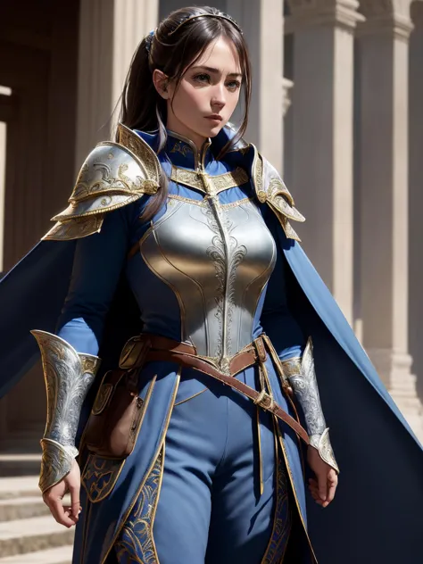 delicate\(armor\), (8k, best quality, masterpiece:1.2), (realistic, photo-realistic:1.37), ultra-detailed, full body, 1girl, solo, hand guard, belt, standing, cape, beautiful face, shoulder guard, full armor, in a great ancient city, <lora:delicate_armor_V2:0.7>, arm belt, belt bag,, masterpiece, best quality,extremely detailed CG unity 8k wallpaper,illustration,ultra-detailed,A female superhero wearing a blue jumpsuit and cape ready to save the world.