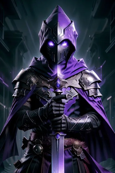 in the background, in rage mode, a man holding a sword hilt, with two hands, wearing a mask, ((eyes glow purple: 1.2)), ((torn cloak))+++ with a hood, ((the cloak flutters in the wind: 1.1)) , ((the color of the cloak is dark blue: 0.9))+++ ,(( the sword is lowered))+++, the blade of the sword glows purple: 2.1 , armor, armor color dark blue: 1.0, color of ultraviolet runes: 1.1, dark ghost in a hood+++, ((aura around))+++, purple: 1.5 and dark blue: 0.9, man on fire, the colors of fire are purple, dark purple: 1.2, ((super-quality))+++