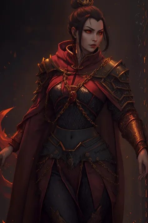 <lora:Azula:0.8>, princess azula, red oversized cloak, hooded, (chainmail:1.25), (elegant gold ornate decorations:1.2), ceremonial armor, slender, fit, thin, burning embers, looking over shoulder, red tabard, orange eyes,
 <lyco:cdelicate_armor_V2:0.35>