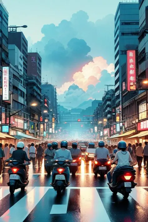 (((masterpiece))), (((best quality))), ((pedestrian hell)), ((busy street in taiwan)), vanishing point, taipei road, scooter, mo...