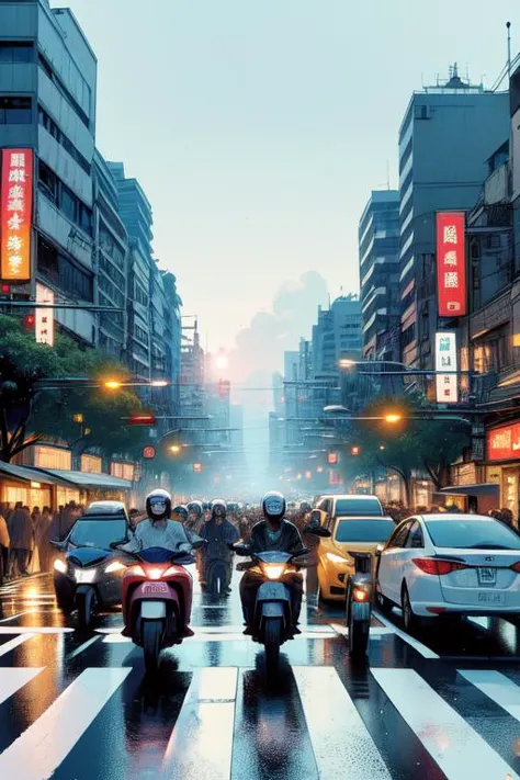(((masterpiece))), (((best quality))), ((pedestrian hell)), ((busy street in taiwan)), vanishing point, taipei road, scooter, mo...