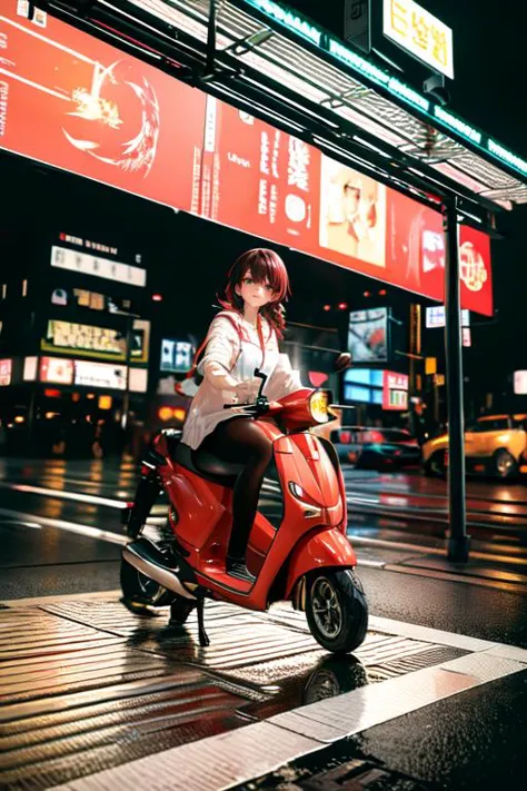 highly insanely detailed, masterpiece, top quality, best quality, highres, 4k, 8k, RAW photo, (very aesthetic, beautiful and aesthetic),  
1girl, 
vanishing point, wide_shot, 
((pedestrian hell)), ((busy street in taiwan)), taipei road, scooter, motorcycle, wind, trees, crowd, traffic light, ocityscape, shopping, storefront, signboard, building, greenery, 
city-life-overload, 
flare, fog, wet, wet body, rain, raining, night, neon lights, twilight, 
solo, 1girl, sweat, ribbon, cleavage, shy, blush, bag, 
colorful cloudy sky, 
vibrant purple clothes , 
very short hair ,bright blue-green hair, red hair, coral hair ,  , 
(chestnut eyes), 
indian with dark hair in a braid, brown eyes, darker skin tone, curvy, 
pure yellow background, transparent background, 
(flower, falling petals, petals on liquid, petals, cherry blossom:0.8), 
âââ