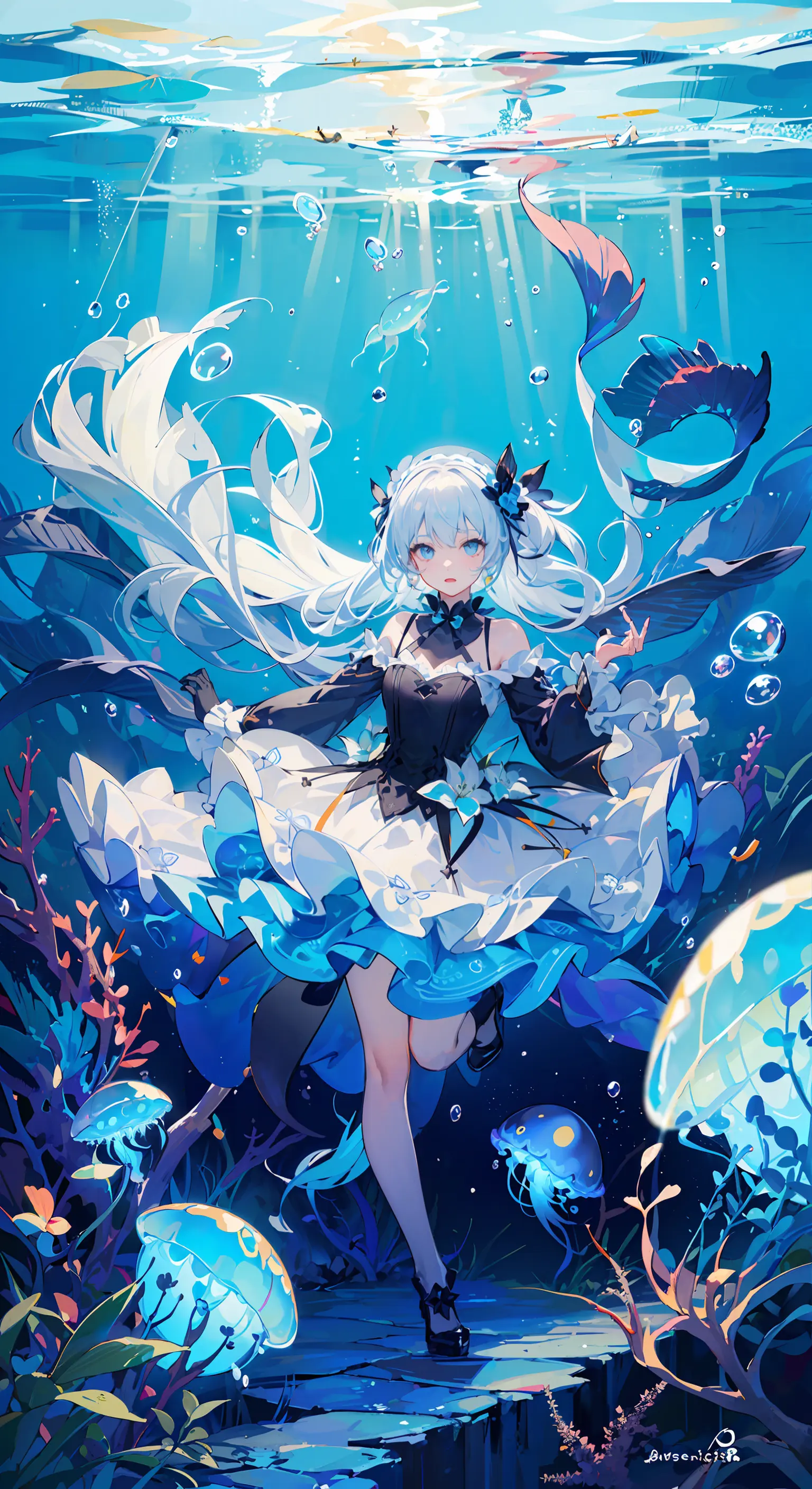 ((masterpiece,best quality)),(negative space:1.2),(1girl, solo:1.4),beautiful detailed eyes,floating hair, underwater, bubble, fish, (jellyfish), fluorescence,sea turtle, seaweed,