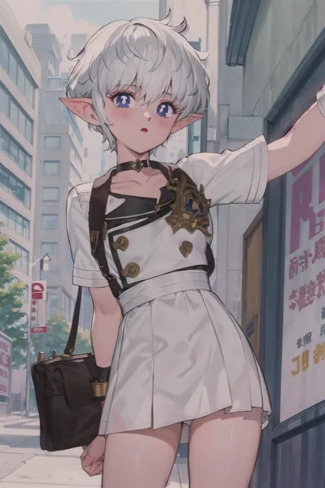 anime girl in short skirt and white shirt with handbag on city street