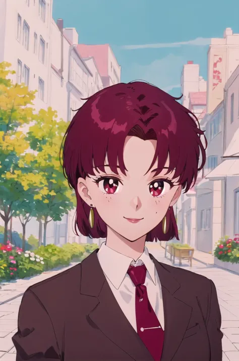 ((masterpiece,best quality, detailed)), 1girl, solo, outdoors, garden, upper body, sunset, smile, closed mouth, portrait,
bazett fraga mcremitz, red necktie, earrings, brown jacket, white shirt,  <lora:BazettV7-000008:0.8>,   <lora:smv1-10:0.8>