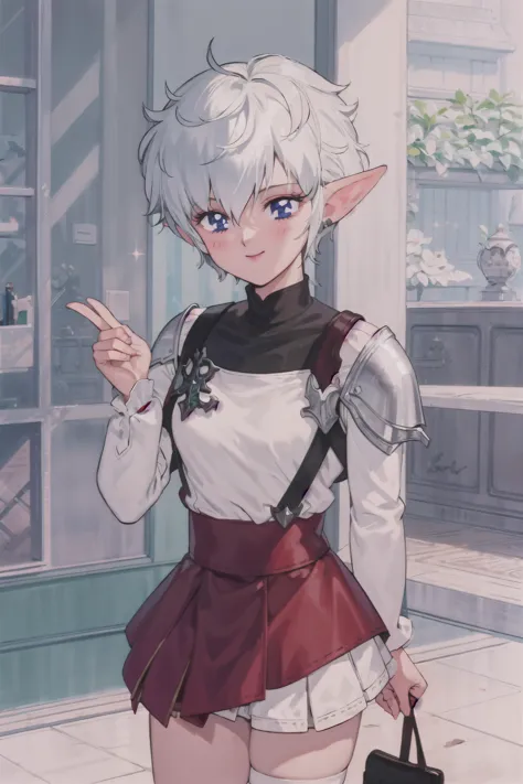 anime girl with white hair and blue eyes in a red skirt