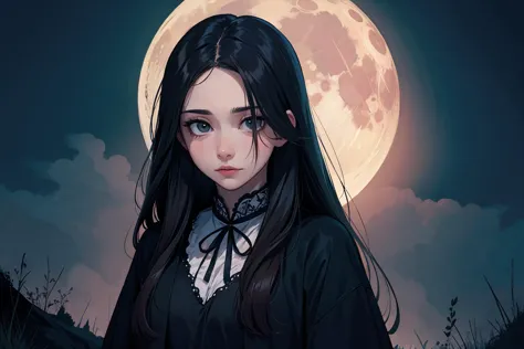 a woman with long black hair standing in front of a full moon