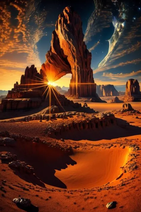 a desert scene with a rock formation and a bright sun