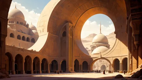 by Moebius and Marc Simonetti,.Bene Gesserit temple complex on Arrakis,.(architectural drawing style, geometric shapes, line art...