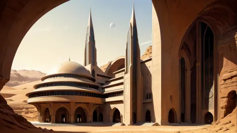 arafed view of a mosque in the desert with a moon in the sky