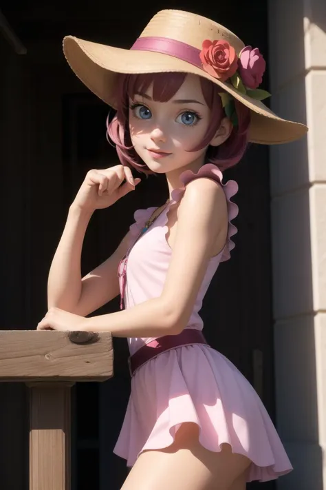 a close up of a woman in a pink dress and hat