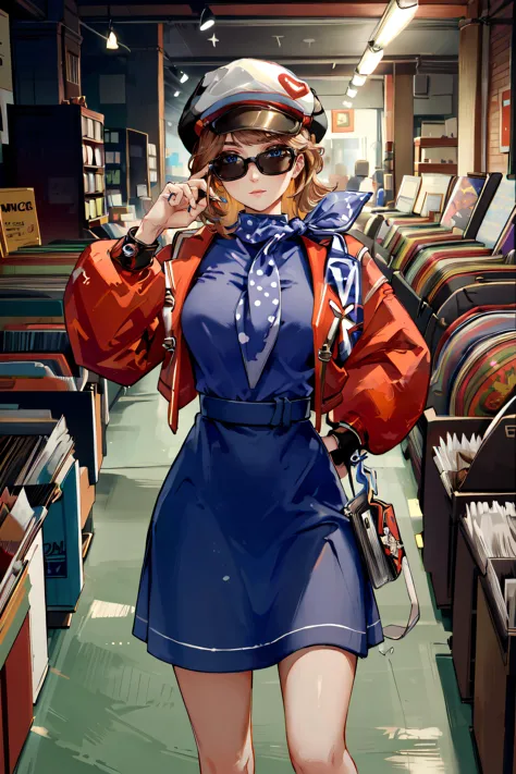 (masterpiece, best quality, ultra detailed, absurdres)1.5, 1girl, (sexy, beautiful woman, perfect face, perfect eyes, perfect female body, large breasts)1.5, (Regulus, short hair, brown hair, long sleeves, dress, jacket, scarf, neckerchief,  blue dress, white hat, sunglasses, wristwatch,  bangs, <lora:Regulus:0.7>), (standing, indoors, record store), perfect lighting, smooth, hdr