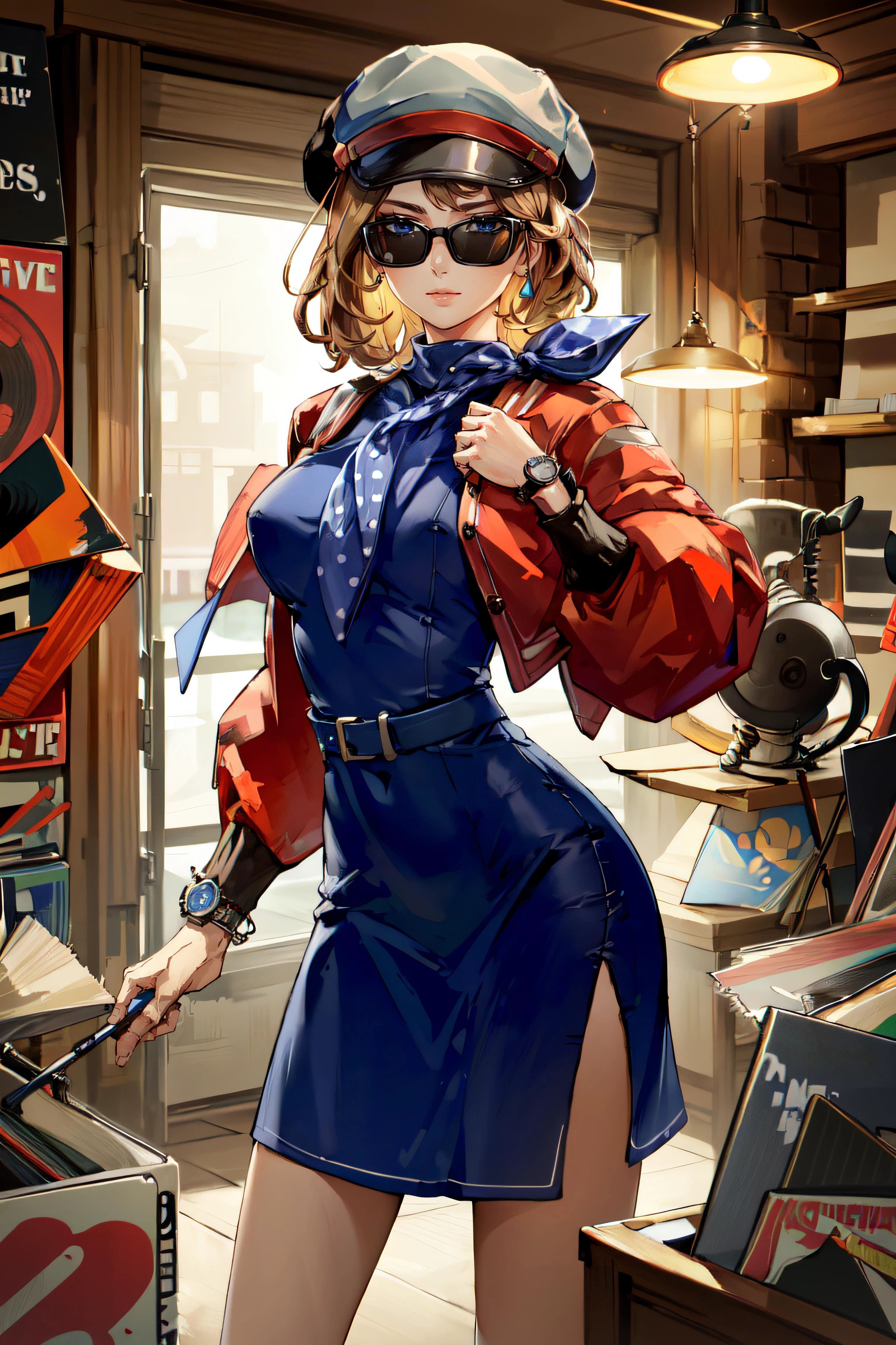 (masterpiece, best quality, ultra detailed, absurdres)1.5, 1girl, (sexy, beautiful woman, perfect face, perfect eyes, perfect female body, large breasts)1.5, (Regulus, short hair, brown hair, long sleeves, dress, jacket, scarf, neckerchief,  blue dress, white hat, sunglasses, wristwatch,  bangs, ), (standing, indoors, record store), perfect lighting, smooth, hdr