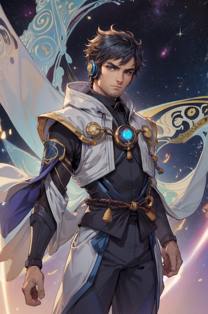 (1man GS- Masculine AS- MidAged-old-male:1.2) light-blue-eyes graying-hair layer-cut BREAK Style-GravityMagic solo (full-body:0.6) looking-away detailed-background detailed-face (feudal-japan-theme:1.1) cosmic-traveler wearing-sleek-colorful-space-suit headset insignia techwear firm-determination anti-gravity hair-drifting galactic-travel cybernetic-enhancements wormhole-in-background alien-bioluminescence epic-atmosphere (Art-nouveau-art-:1.3)