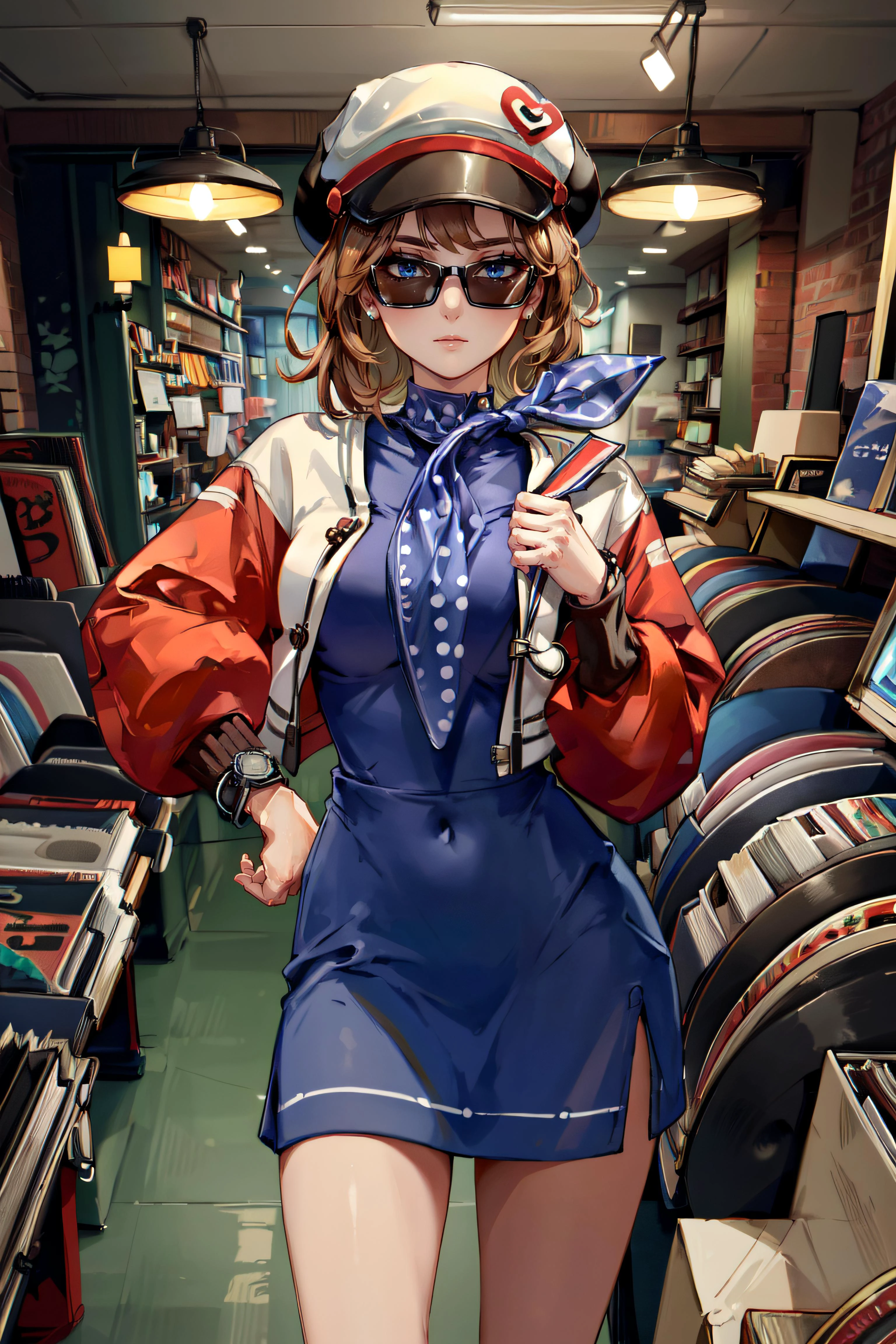(masterpiece, best quality, ultra detailed, absurdres)1.5, 1girl, (sexy, beautiful woman, perfect face, perfect eyes, perfect female body, large breasts)1.5, (Regulus, short hair, brown hair, long sleeves, dress, jacket, scarf, neckerchief,  blue dress, white hat, sunglasses, wristwatch,  bangs, ), (standing, indoors, record store), perfect lighting, smooth, hdr
