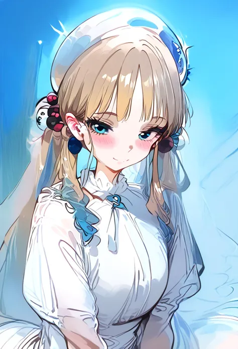 anime girl with a ponytail in a white dress and blue eyes