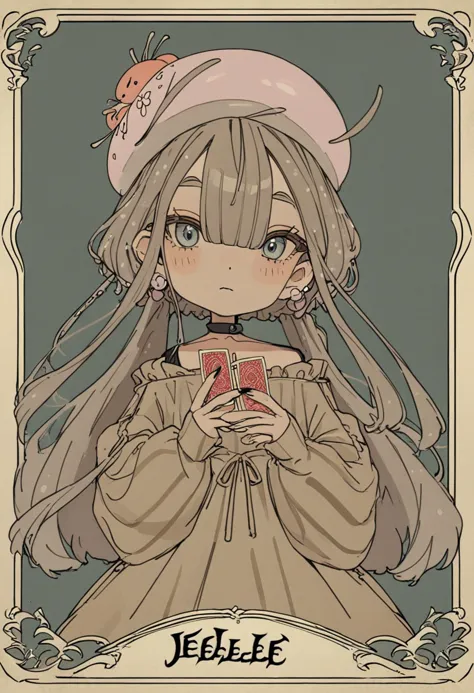 a cartoon picture of a girl with long hair holding a card