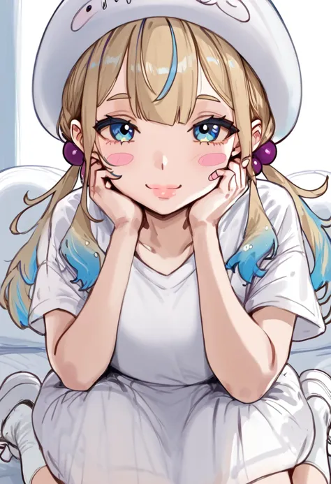 anime girl with blue eyes and a white hat sitting on a couch