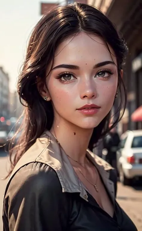 a close up of a woman with a black shirt and a brown jacket