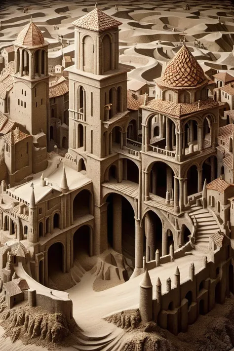 ral-sand,<lora:ral-sand:1>,
An enigmatic nod to Escher's work:1.2,this artwork blurs the boundaries between realism:1.1 and abstraction:1.1,transforming geometric shapes:1.1 into a surreal and paradoxical landscape:1.2,art by escher,<lora:Escher_Blend:0.75>,