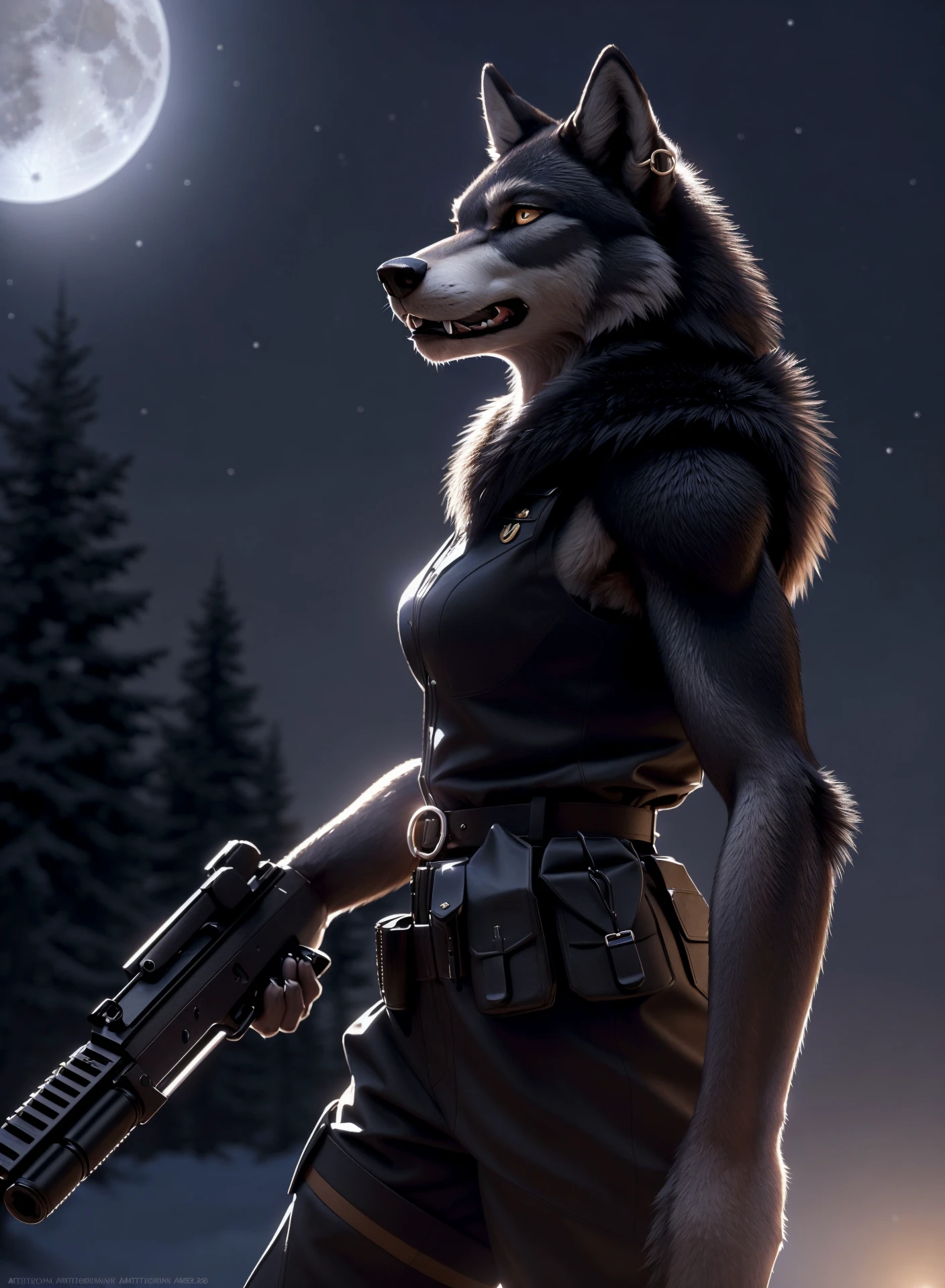 (portrait of anthro black wolf female), ((highly detailed ((wolf )) face)),((soldier uniform)) ,holding a maschine gun , ear and piercing, ear ring, notched ear,  female anthro  black wolf, cinematic lighting, ((detailed fur texture)), (highly detailed, realistic proportions, high detailed, 4k hdr), hyper realistic, ((photorealistic)), ( outdoors, trees and greenery, full moon, ((nighttime)) , looking at viewer, cinematic composition,  trending on artstation, vagina, visible fangs, armpit, angry, ((full body))