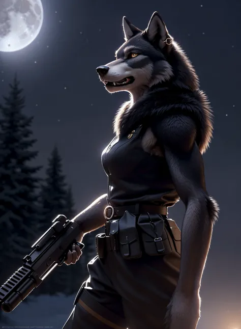 (portrait of anthro black wolf female), ((highly detailed ((wolf )) face)),((soldier uniform)) ,holding a maschine gun , ear and...