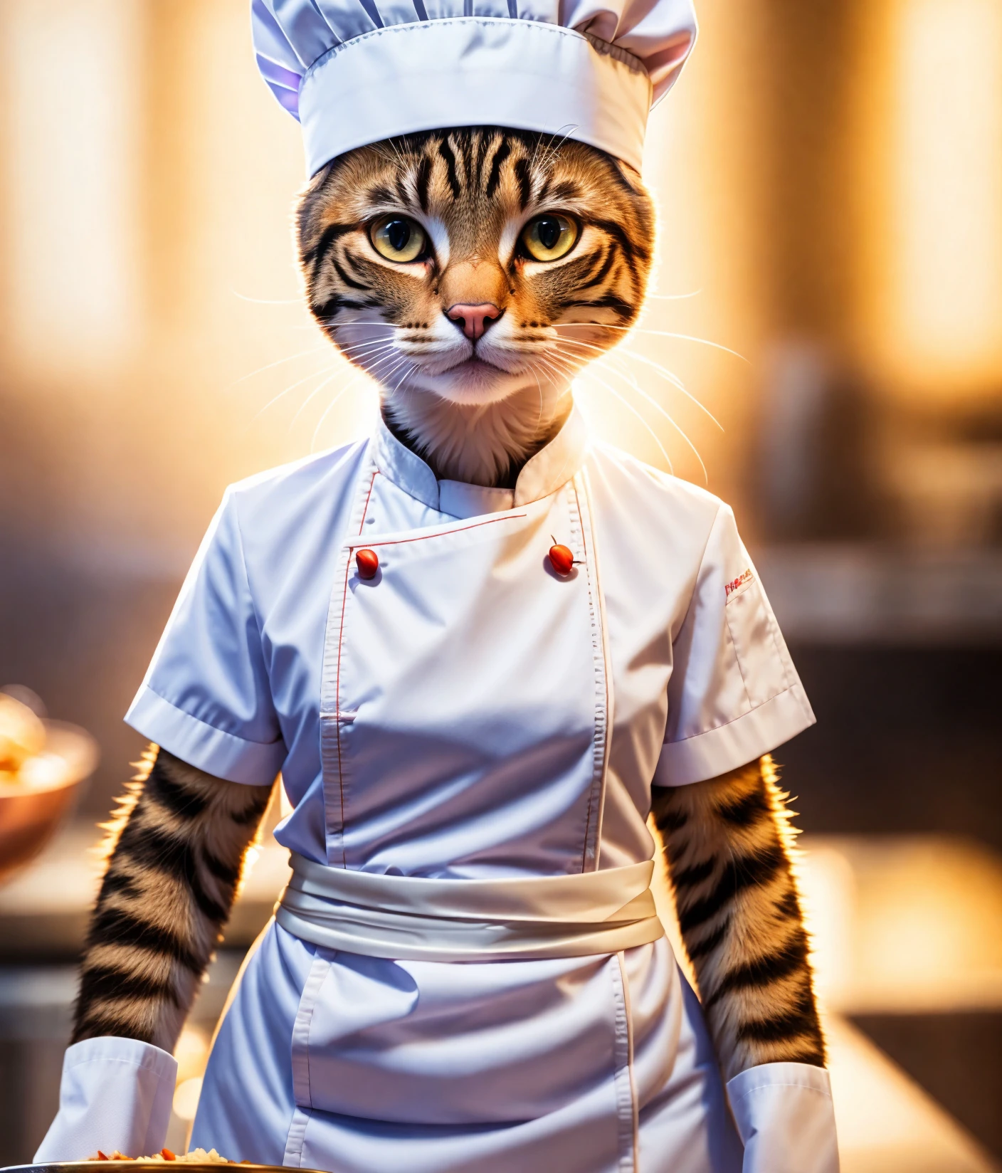 a cat, ((chef outfit)), epic scene, dynamic camera, backlight, (close up:1.2), high quality photography, 3 point lighting, flash with softbox, 4k, Canon EOS R3, hdr, smooth, sharp focus, high resolution, award winning photo, 80mm, f2.8, bokeh