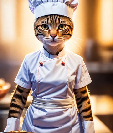 a cat, ((chef outfit)), epic scene, dynamic camera, backlight, (close up:1.2), high quality photography, 3 point lighting, flash...