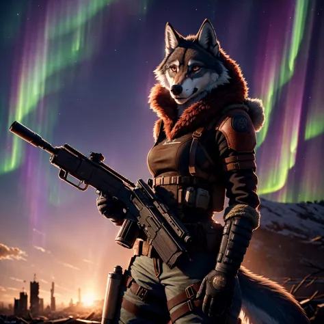 ((anthro female wolf)), wearing  (glowing postapocalyptic outfit), holding a mystical gun,(epic post apocalyptic destroyes city ...