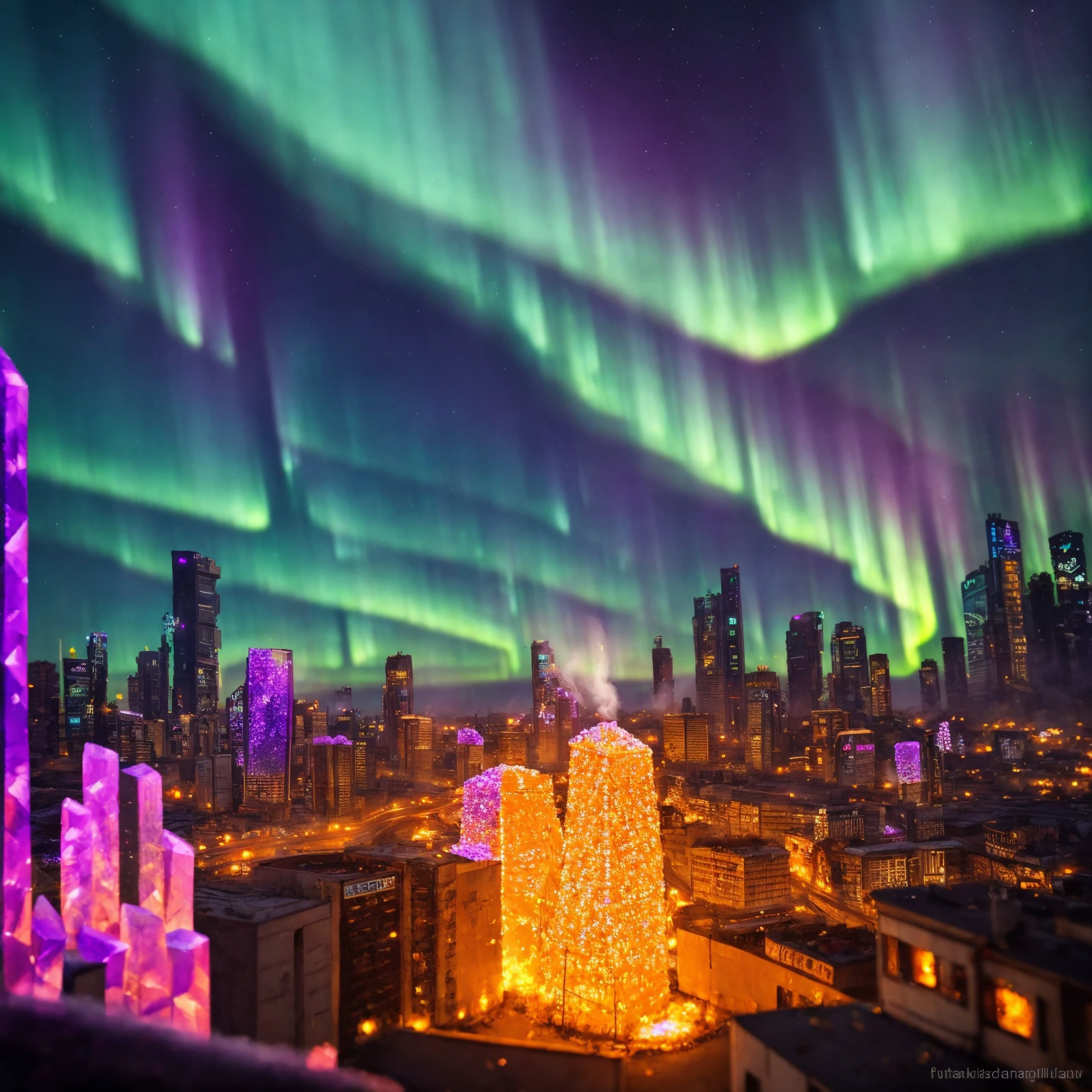 cyberpunk city made out of  glowing((crystals)), aurora australis, smoke , fire 
BREAK
(masterpiece, best quality, ultra realistic, 4k, 2k, (intricate, high detail:1.2), film photography, soft focus,
RAW photo, photorealistic, analog style, subsurface scattering, photorealism, absurd res), ((closeup))