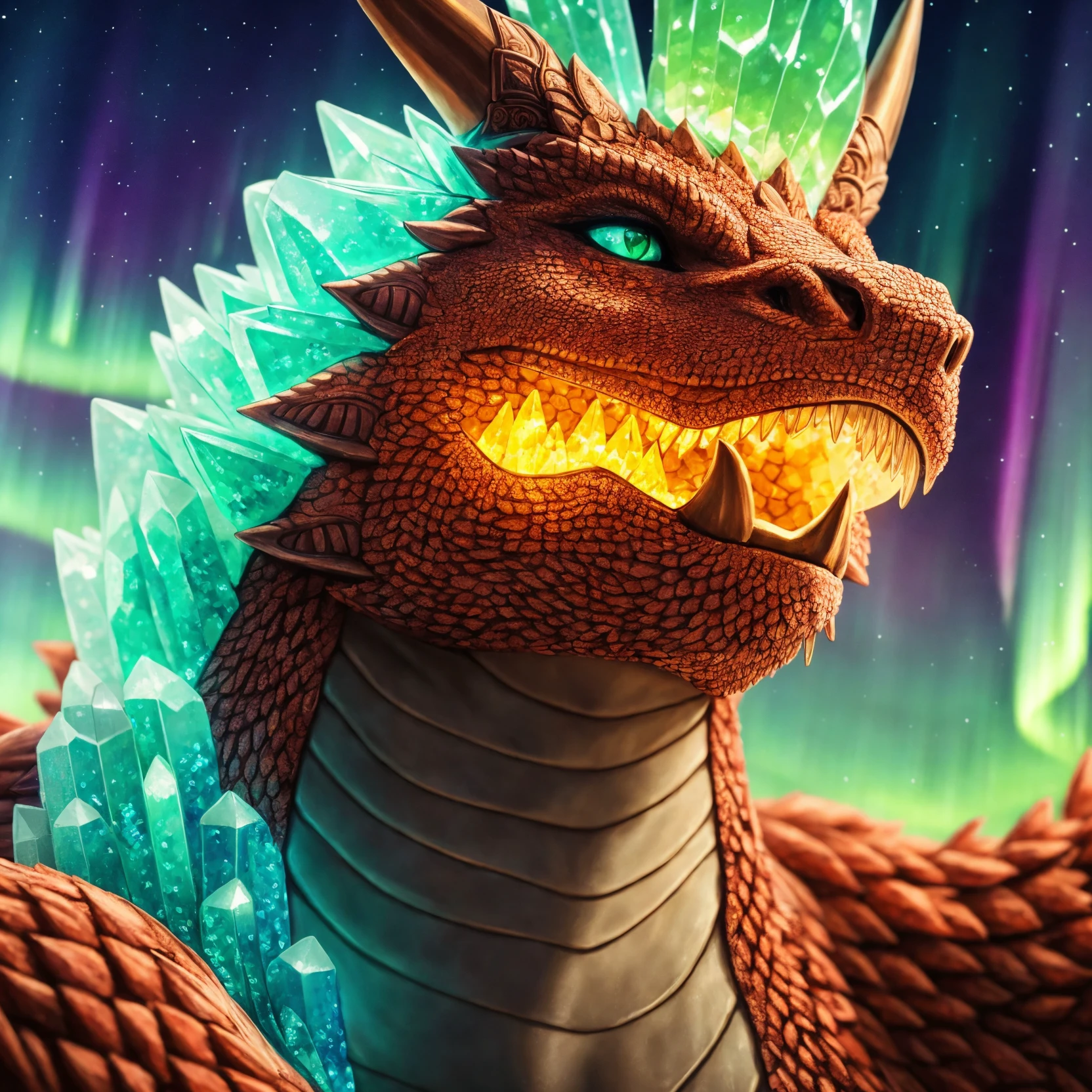 mighty dragon made out of  glowing ((crystals)), aurora australis, smoke , fire 
BREAK
(masterpiece, best quality, ultra realistic, 4k, 2k, (intricate, high detail:1.2), film photography, soft focus,
RAW photo, photorealistic, analog style, subsurface scattering, photorealism, absurd res), ((closeup))