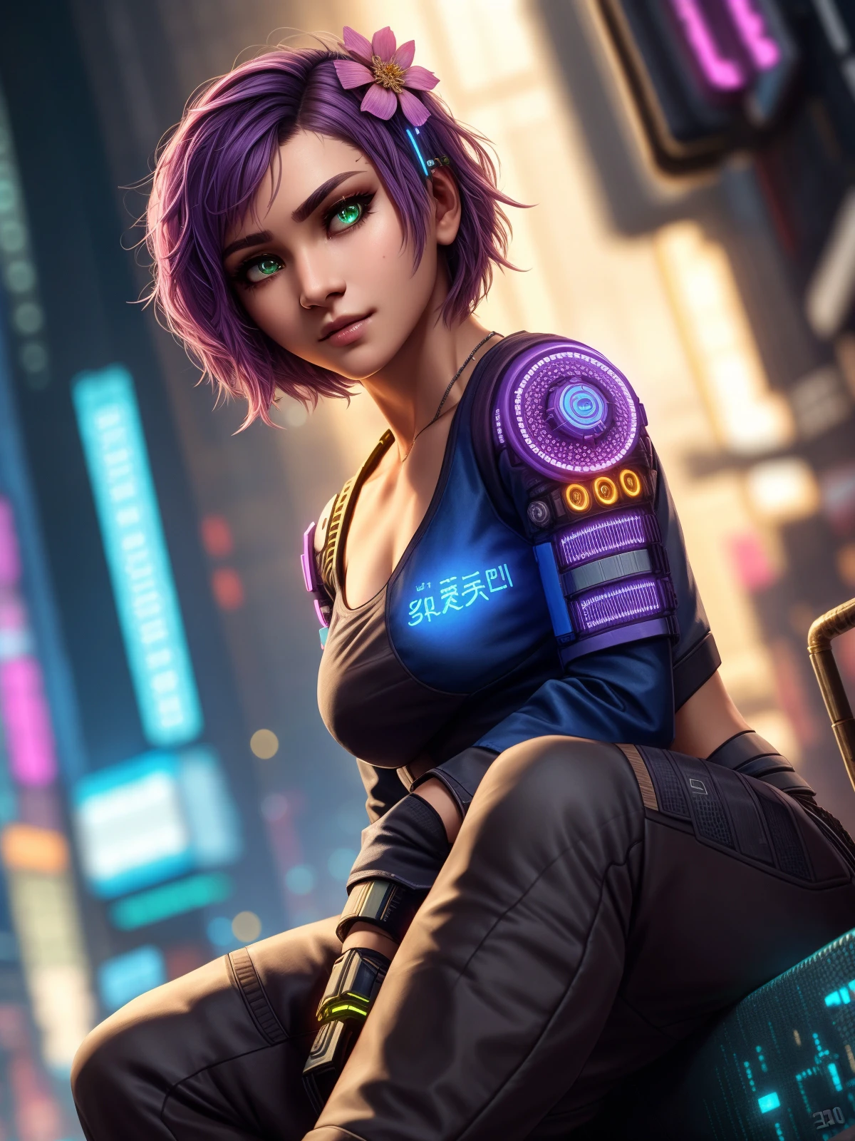 (Highest Quality, 4k, masterpiece, Amazing Details:1.1), sitting, cyberpunk background, wearing cyberpunk clothes ,medium breast, Shallow Depth of Field, E671, lens 50mm f/2.0, ((cyberpunk woman)), thin eyebrows, wavy short hair with flower hair ornament ((photorealistic) (RAW Photo)),