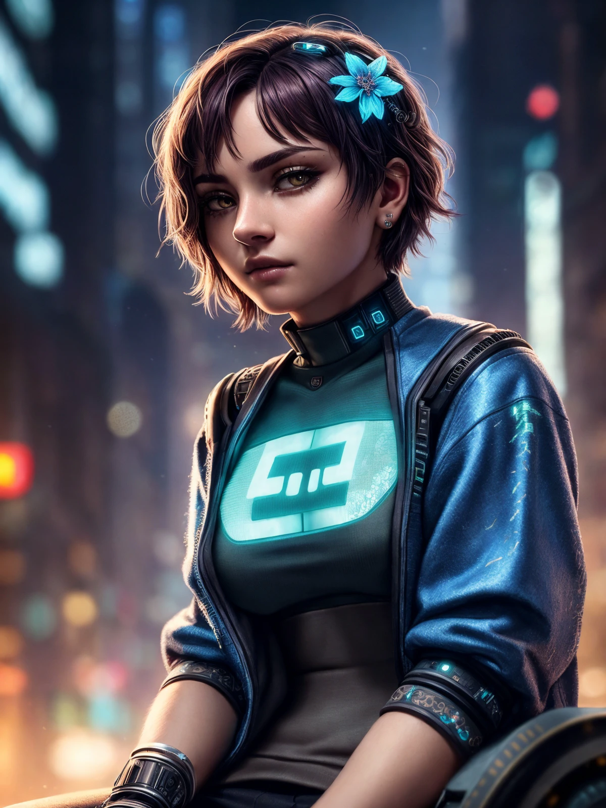 (Highest Quality, 4k, masterpiece, Amazing Details:1.1), sitting, cyberpunk background, wearing cyberpunk clothes ,medium breast, Shallow Depth of Field, E671, lens 50mm f/2.0, ((cyberpunk woman)), thin eyebrows, wavy short hair with flower hair ornament ((photorealistic) (RAW Photo)),
BREAK
(masterpiece, best quality, ultra realistic, 4k, 2k, (intricate, high detail:1.2), film photography, soft focus,
RAW photo, photorealistic, analog style, subsurface scattering, photorealism, absurd res)