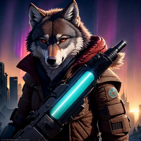 ((anthro female wolf)), wearing  (glowing postapocalyptic outfit), holding a mystical gun,(epic post apocalyptic destroyes city ...