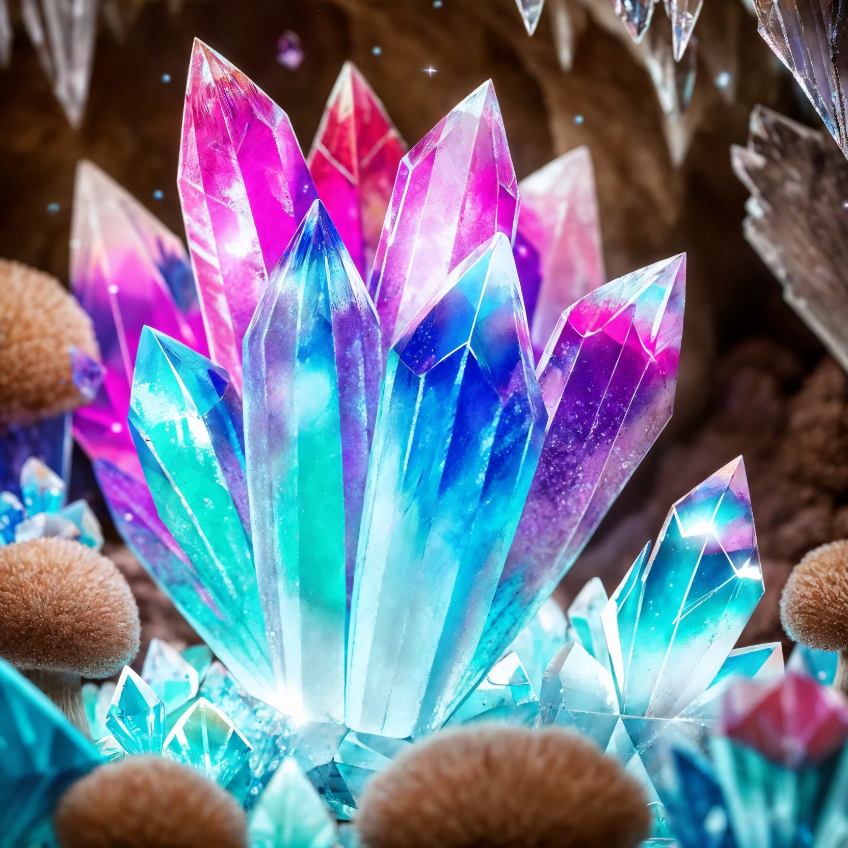 beautiful ((crystal cave)), with glowing mushrooms, dust , and fireflies
BREAK
(masterpiece, best quality, ultra realistic, 4k, 2k, (intricate, high detail:1.2), film photography, soft focus,
RAW photo, photorealistic, analog style, subsurface scattering, photorealism, absurd res), ((closeup))