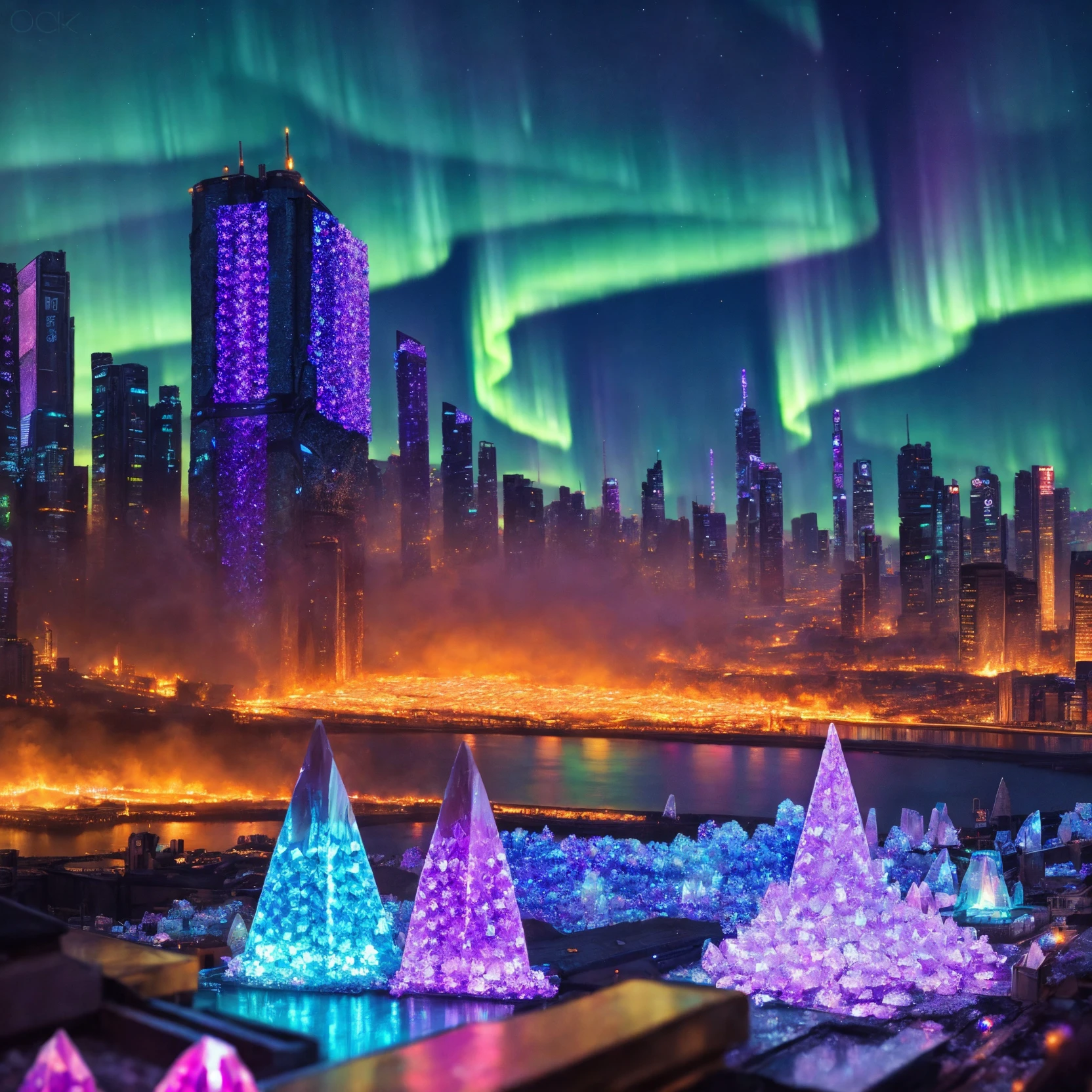 cyberpunk city made out of  glowing((crystals)), aurora australis, smoke , fire 
BREAK
(masterpiece, best quality, ultra realistic, 4k, 2k, (intricate, high detail:1.2), film photography, soft focus,
RAW photo, photorealistic, analog style, subsurface scattering, photorealism, absurd res), ((closeup))