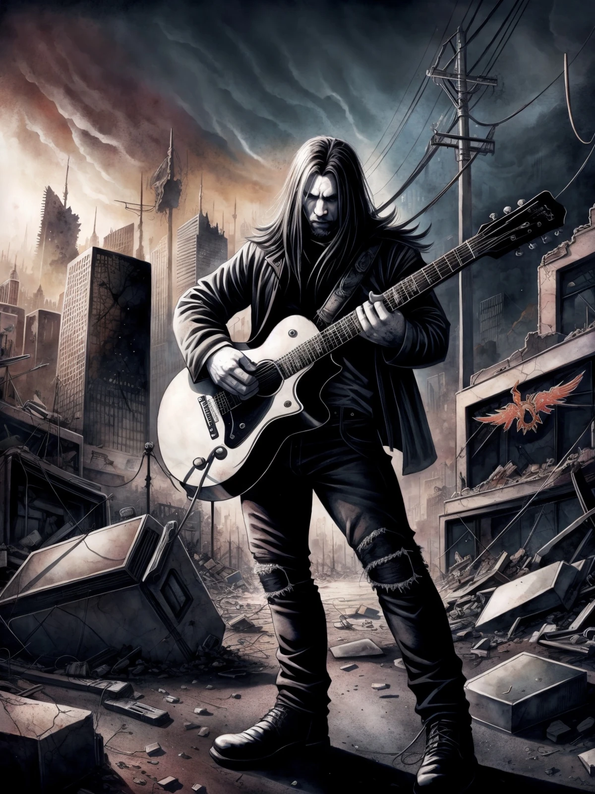 Um cara de black metal toca guitarra no último dia na terra , fundo de cidade destruída pós-apocalíptica (aquarela colorida )