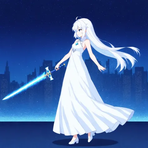 1girl, long dress, white dress, white hair, blue eyes, light particles, holding weapon, holding sword, 
cityscape, solo, 
fgo sp...
