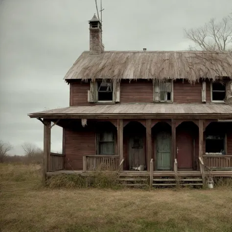 a cinematic (worm's eye:1.2) wooden shack. Ramshackle house. Movie still. atmospheric, creepy, haunted.  Rimlight.