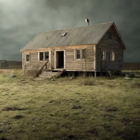 a cinematic extreme long shot wooden shack. ramshackle house. movie still. atmospheric, creepy, haunted.  rimlight.