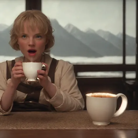 a cinematic (extreme long shot:1.2) cup of tea. movie still. atmospheric, cheerful, adorable.  rimlight.