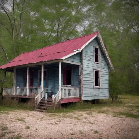 a cinematic tilt-shift shot wooden shack. ramshackle house. movie still. atmospheric, creepy, haunted.  rimlight.