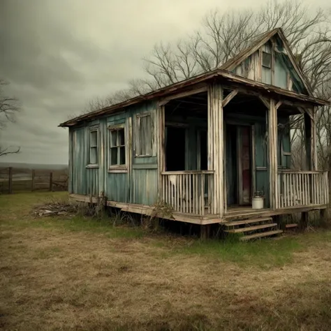 a cinematic Full shot wooden shack. Ramshackle house. Movie still. atmospheric, creepy, haunted.  Rimlight.